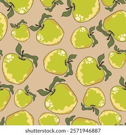 Seamless pattern with apple on color background. Natural delicious fresh ripe tasty fruit. Vector illustration for print, fabric, textile, banner, design. Stylized apples with leaves. Food concept.