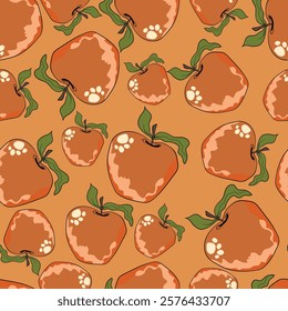 Seamless pattern with apple on color background. Natural delicious fresh ripe tasty fruit. Vector illustration for print, fabric, textile, banner, design. Stylized apples with leaves. Food concept.