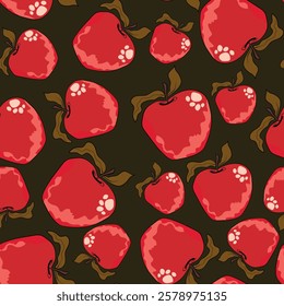 Seamless pattern with apple on color background. Natural delicious fresh ripe tasty fruit. Vector illustration for print, fabric, textile, banner, design. Stylized apples with leaves. Food concept.