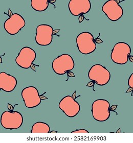 Seamless pattern with apple on color background. Natural delicious fresh ripe tasty fruit. Vector illustration for print, fabric, textile, banner, design. Stylized apples with leaves. Food concept.