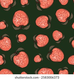 Seamless pattern with apple on color background. Natural delicious fresh ripe tasty fruit. Vector illustration for print, fabric, textile, banner, design. Stylized apples with leaves. Food concept.