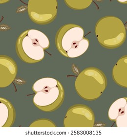 Seamless pattern with apple on color background. Natural delicious fresh ripe tasty fruit. Vector illustration for print, fabric, textile, banner, design. Stylized apples with leaves. Food concept.