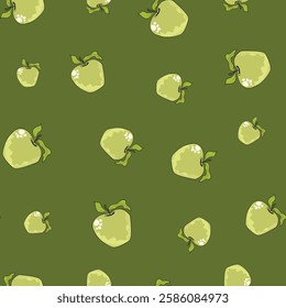 Seamless pattern with apple on color background. Natural delicious fresh ripe tasty fruit. Vector illustration for print, fabric, textile, banner, design. Stylized apples with leaves. Food concept.