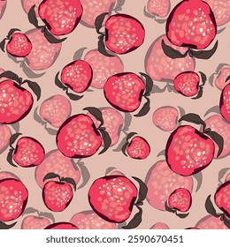 Seamless pattern with apple on color background. Natural delicious fresh ripe tasty fruit. Vector illustration for print, fabric, textile, banner, design. Stylized apples with leaves. Food concept.