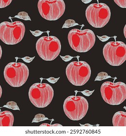 Seamless pattern with apple on color background. Natural delicious fresh ripe tasty fruit. Vector illustration for print, fabric, textile, banner, design. Stylized apples with leaves. Food concept.