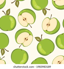 Seamless pattern with apple on white background. Natural delicious fresh ripe tasty fruit. Vector illustration for print, fabric, textile, banner, design. Stylized apples with leaves. Food concept.