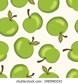 Seamless pattern with apple on white background. Natural delicious fresh ripe tasty fruit. Vector illustration for print, fabric, textile, banner, design. Stylized apples with leaves. Food concept.