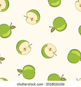 Seamless pattern with apple on white background. Natural delicious fresh ripe tasty fruit. Vector illustration for print, fabric, textile, banner, design. Stylized apples with leaves. Food concept.