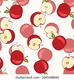 Seamless pattern with apple on white background. Natural delicious fresh ripe tasty fruit. Vector illustration for print, fabric, textile, banner, design. Stylized apples with leaves. Food concept.