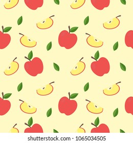 Seamless pattern with apple on yellow background. Cute minimalistic design with fresh red apple with slice. Flat style vector illustration