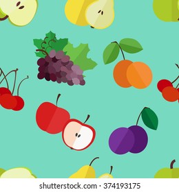 seamless pattern with apple, peach, pear, grape, plum and cherries. Vector texture illustration.