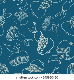 Seamless pattern of apple and pear fruits. Beige outline with ornaments on intense blue background.