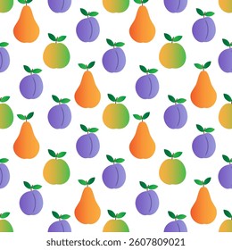 Seamless pattern apple, pear and plum. Multicolored fruits isolated on white background. Web design, textile, print, packaging
