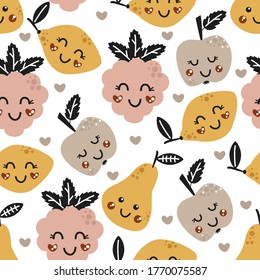 seamless pattern with apple pear raspberry lemon - vector illustration, eps