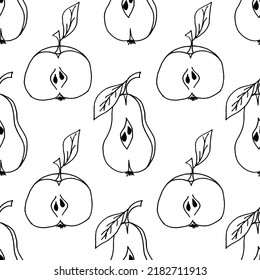 Seamless pattern with apple and pears slices drawn with black marker on white paper. Vector illustration with fresh summer fruits bakcground.