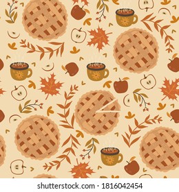 Seamless pattern with apple pie, apples and mugs. Autumn mood. Vector graphics.