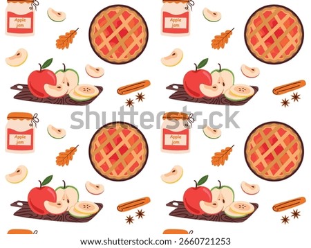 Seamless pattern with apple pies, apples, autumn leaves and jam.