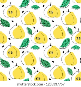 Seamless pattern with apple quince ande leaves. Tropical bright background. 