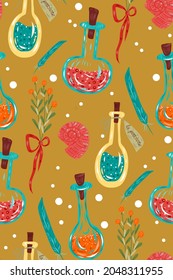 Seamless pattern with apple, rowan and leaves.