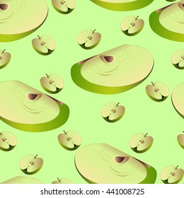 A seamless pattern, apple segments on a green background. Vector illustration.