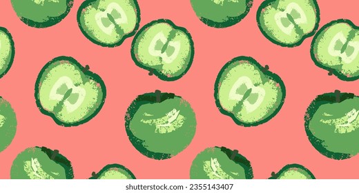 Seamless pattern with аpple and apple slices. Summer  fruits  background. Vector hand drawn  apple texture on the pink background. 