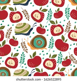 seamless pattern with apple and snail. Vector, illustration.
