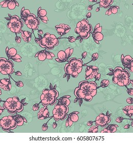 Seamless pattern with apple tree blossoms, hand drawn artistic background