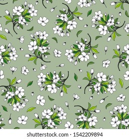 seamless pattern. Apple tree branch with flowers, leaves. eps10 vector illustration. hand drawing. 