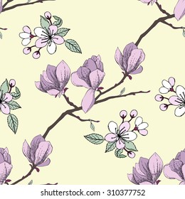 Seamless pattern with apple tree and magnolia. Hand drawn patten with spring garden flowers.Vector Illustration