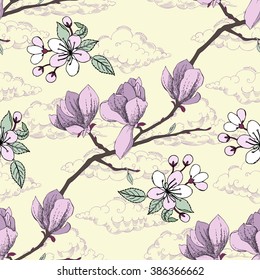 Seamless pattern with apple tree and magnolia. Hand drawn patten with spring garden flowers.Vector Illustration