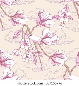 Seamless pattern with apple tree and magnolia. Hand drawn patten with spring garden flowers.Vector Illustration