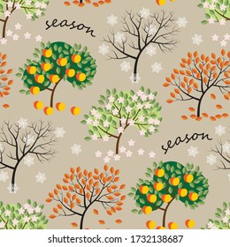 seamless pattern of Apple trees in all seasons, winter, spring, autumn and summer. the label season. a drawing in the style of the cartoon. stock vector illustration. EPS 10.