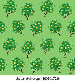 Seamless pattern with apple trees. Summer or autumn illustration on green background. Background for fabric  or children illustration. Symbol of harvest time and organic food. 