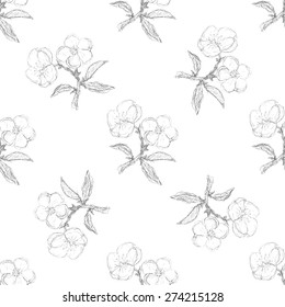 Seamless pattern with apple twig, pencil drawing.Set with apple twig