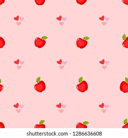 seamless pattern of apple,fresh fruit vector,heart,leaves on pink background.