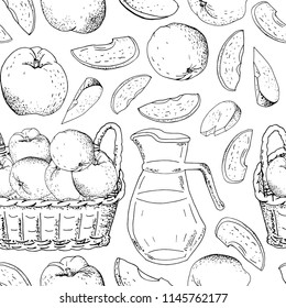 Seamless pattern with apples, apple slices, apple pies, apple juice jug, basket of harvest black on a white background. Hand drawn food illustration. 