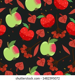 Seamless pattern with apples, berries and leaves. Vector graphics.