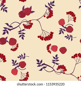 Seamless pattern with apples and berries of mountain ash on a beige background. For decoration of textiles, packaging and web design. Vector illustration.