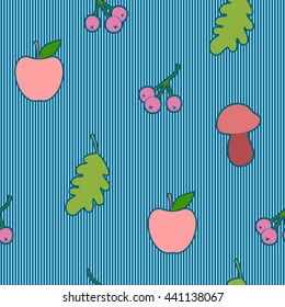 Seamless pattern with apples, berries and mushrooms. Silhouettes. Striped background. Multicolored.