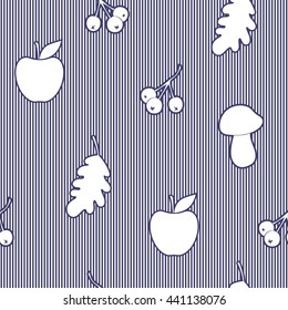 Seamless pattern with apples, berries and mushrooms. Silhouettes. Striped background. Monochrome.