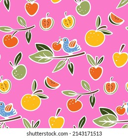 Seamless pattern with apples and birds. Vector illustration in cartoon style.