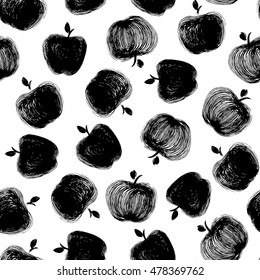 Seamless pattern with apples. Black and white vector illustration.