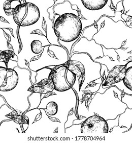 Seamless pattern of apples with branch. Hand drawn vector illustration. Autumn fruits sketches background in vintage style. Monochrome design for wallpaper, print, card, texture, textile, wrap, fabric
