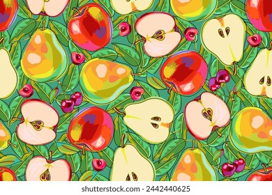 Seamless pattern with apples, cherries and pears. Colorful and bright pattern with fruits. Whole fruit and half on  background with leaves. Hand drawn, cartoon style. Vector illustration.