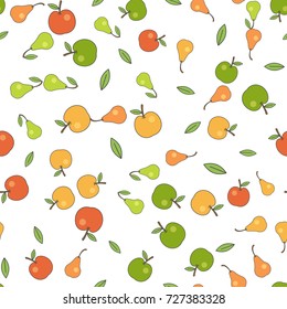 Seamless pattern with apples, colorful pears and green leaves isolated on background. Tasty organic food vector illustration. Endless texture with juicy fruits. Wallpaper design of healthy eating