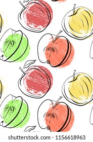 Seamless pattern with apples of different shapes. Single and halves of apples with grunge colored dots. Texture for wallpaper, backgrounds, fabrics and your creativity