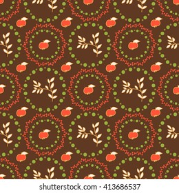 Seamless pattern with apples, floral ornament for decoration and design Wallpaper, books, paper, fabric. Brown background.
