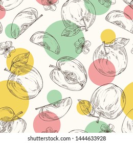 Seamless pattern with apples: fruit, leaves and apple slice. Vector hand drawn illustration.