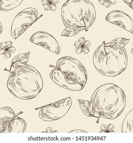 Seamless pattern with apples: fruit, leaves and apple slice. Vector hand drawn illustration.