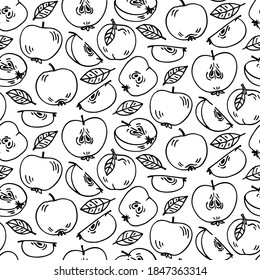 Seamless pattern with Apples fruits and leaves. Graphic hand drawn engraving style. Doodle illustration for packaging, menu cards, posters, prints.